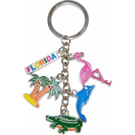 CityDreamShop Florida Five Charm Keychain Featuring Florida Sun, Alligator, Flamingo Florida Dolphin