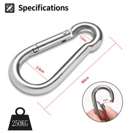 Carabiner Key Ring Carabiner Hook, 80 mm x φ8 mm, Load Capacity up to 250 kg, Climbing Hook, Galvanised (Pack of 6)