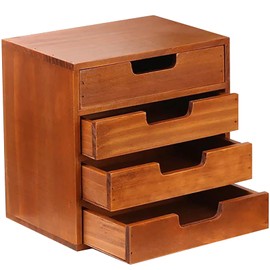 4 Drawer Desktop Storage Organizer in Modern Wood Design (9.8”x6.9”x 9.8”) 4-Drawer Stackable Drawer Unit - Vanity Accessories Organizer - Countertop Organizer Drawer in Modern Mahogany Wood (1-Pack)