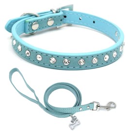 Puppy Collar and Leash with Bling Diamond, Pretty Crystal Sparkly Rhinestone Glitter Jewel Girls Cat Collars for XXS Xs Small Medium Pet Female Dogs Boys Kitten, Blue XXSmall