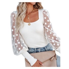 LYANER Women’s Square Neck Blouse Sheer Mesh Lantern Sleeve Polka Dot Knit Business Casual Tops Shirts Solid White Large