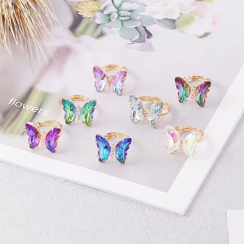 8 Pcs Gold Plated 3D Butterfly Rings Acrylic Adjustable Open