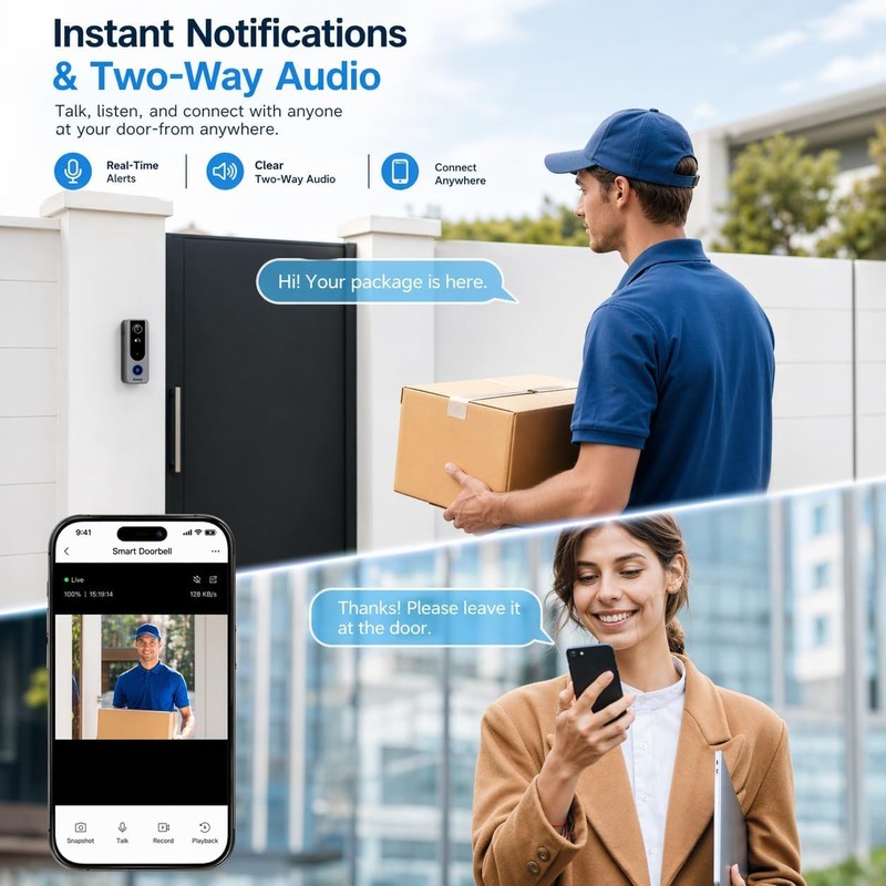 Aceele Smart Doorbell Wireless, Battery-Powered Wireless Cordless Doorbell