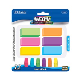 BAZIC Erasers + Pencil Top Erasers Set (12/Pack), Block Bevel Erasers Neon Color, Arrowhead Caps Tops, Latex Free, for Art Drawing School, 24-Packs
