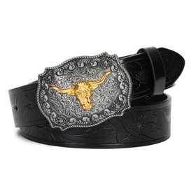 IZUS Men-Women Longhorn-Bull-Head Western-Cowboy-Belt Floral-Embossed PU-Leather Rodeo Cowgirl-Belt 1.5" Wide for Jeans, Bull-black, 47"Belt for 36"-40" waist