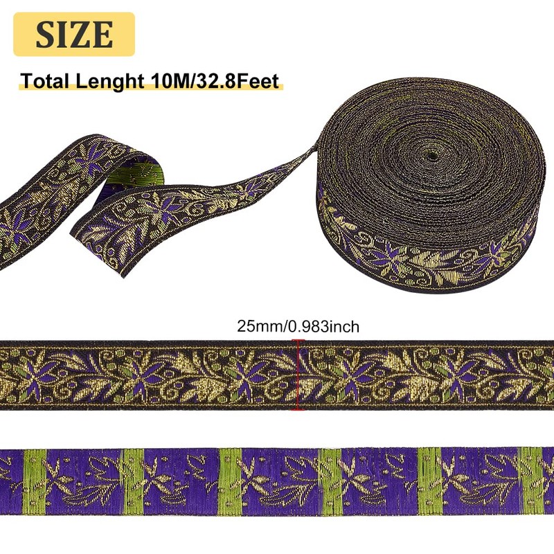 BENECREAT 10.9 Yards 25mm Goldenrod Vintage Jacquard Ribbon, Boho Braid