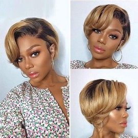 Rebecca Fashion Pixie Lace Front Wigs Human Hair Short Pixie Cut Wig Side Part HD Lace Pixie Cut Lace Wigs Human Hair Pixie Cut Wigs for Women, TT1B/27 Color