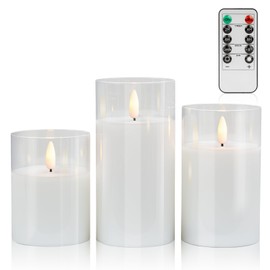 Pure White Glass Flameless Candles with Remote - Battery Operated Candles with Timer, LED Flickering Real Wax Candles for Festival Wedding Home Party Decoration, Clear, Set of 3