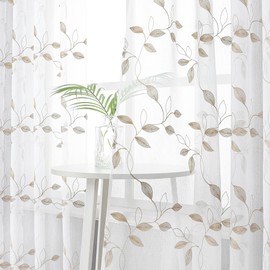 Tollpiz Taupe Leaf Sheer Curtains Leaves Embroidered Living Room Curtain Rod Pocket Voile Window Treatments for Bedroom, 54 x 63 inches Long, Set of 2 Panels