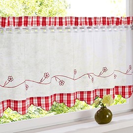 HongYa Embroidered Window Curtain Semi-Transparent Kitchen Small Window Curtain with Checked Pattern H/W 45/120 cm Red