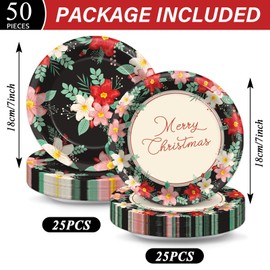 50Pcs Christmas Floral Plates Christmas Party Decoration 7Inch Xmas Disposable Paper heavy duty Dessert Plate Holiday Appetizer Tableware Dinnerware Set for Winter Birthday Dinner Table Party Supplies