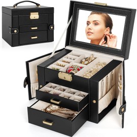 TORIBIO Jewelry Box for Women, Leather Jewelry Organizer with Mirror & Lock, 3-Tier Jewelry Storage Organizer with 2 Drawers for Girls/Women/Mothers, Necklace Earring Bracelets Holder Organizer