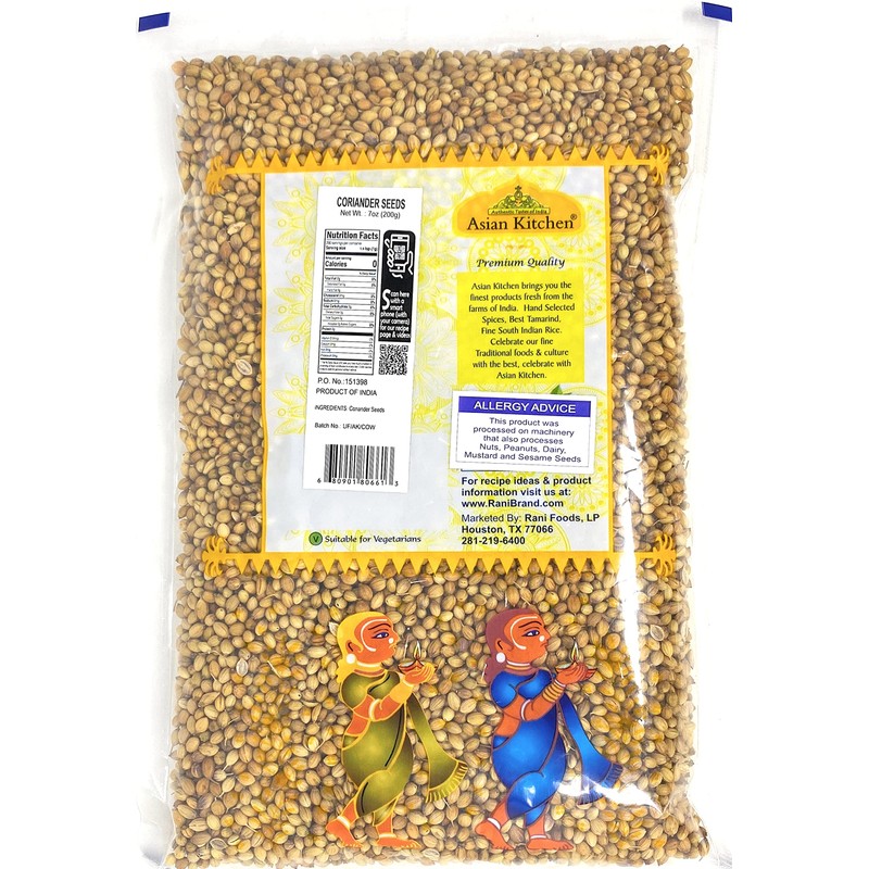 Asian Kitchen Coriander (Dhania) Seeds Whole, Indian Spice 7oz (200g)