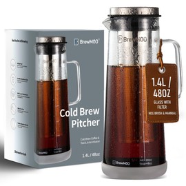 BrewMOO- Airtight Cold Brew Coffee Maker Pitcher, 1.4L/48Oz Thick Glass Carafe with Filter, Comfort Sturdy Handle & Wide Spout, Non-Slip Base | Iced Tea Maker (Grey)