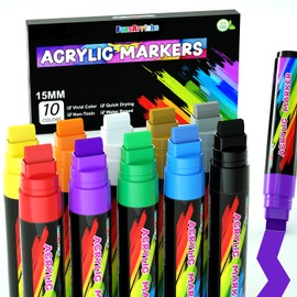 FansArriche Acrylic Paint Markers, 15mm Jumbo Felt Tip, 10 Colored Waterproof and Permanent Paint Pens for Tagging, Signs, Calligraphy, and Outdoor Paintings