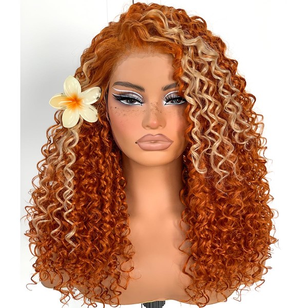 MITIMES Ginger Curly Wig Skunk Strip HD Lace Front Wig