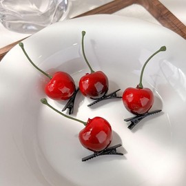 TUCEWP 4Pcs Cherry Hair Clip for Women Girls Kids Cute Red Cherry Hair Pins Nonslip Realistic Fruit Hair Barrette Snap Sweet Metal Alligator Clips for Thick Hair Trendy Lovely Cherry Hair Accessories