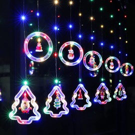 BLOOMWIN Christmas Lights, Fairy Lights, Window, Indoor, Ring and Christmas Tree Light Curtain with Christmas Decoration, Fairy Lights Curtain, Window Lighting, 3 m, 8 Modes, USB, Colourful