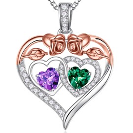 Iefil Anniversary Birthday Gift for Her Wife Girlfriend Birthstone Jewelry Purple Amethyst Green Emerald Heart Necklace, February May Birthstone