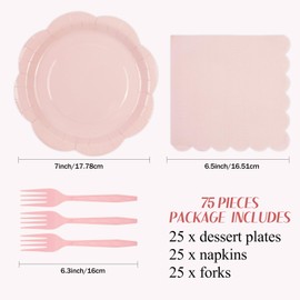 75 PCS Pink Paper Plates and Napkins Party Supplies, LightPink Scalloped Plates Napkins Forks Disposable Tableware Set for Bridal Baby Shower Wedding Birthday Party Decorations (Pink)