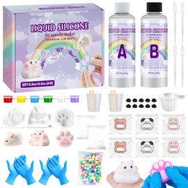 Kit de Arcilla de Taba Squishy DIY, con 500g Silicona Líquida Sin Burbujas, Resina Epoxi, 3 Moldes de Hámsters, Conejos, Garra de Gato, Curación Rápida de 3H, Kit de Manualidades, Regalos para Niños