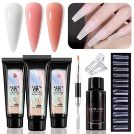 Poly Extension Gel  Kit, White Nude Pink Builder Gel  Enhancement Gel with Slip Solution Dual-Ended Brush,  Dual Forms for Polygel  Art Salon DIY at Home Beginner Kit