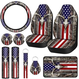 Frienda 10 Pcs American Flag Wood Deer Skull Camo Car Accessories Set 4th of July Patriotic Seat Covers Steering Wheel Cover Keyring Cup Holder Armrest Pad Seat Belt Pads Wrist Strap for Truck