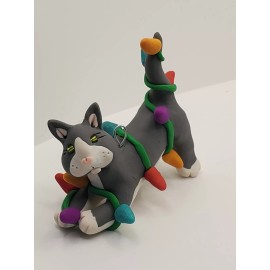 Celtic Forest Clay GRAY and WHITE CAT Christmas Ornament TANGLED IN LIGHTS Stretching HAND MADE