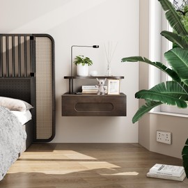 LUPWNEKA Floating Nightstand with Drawer - Brown Nightstand Floating Bedside Table, 2-Tier Wooden Bedroom Shelves for Wall, Morden Wall Mounted Nightstand for Bedroom, Bathroom, Study Room