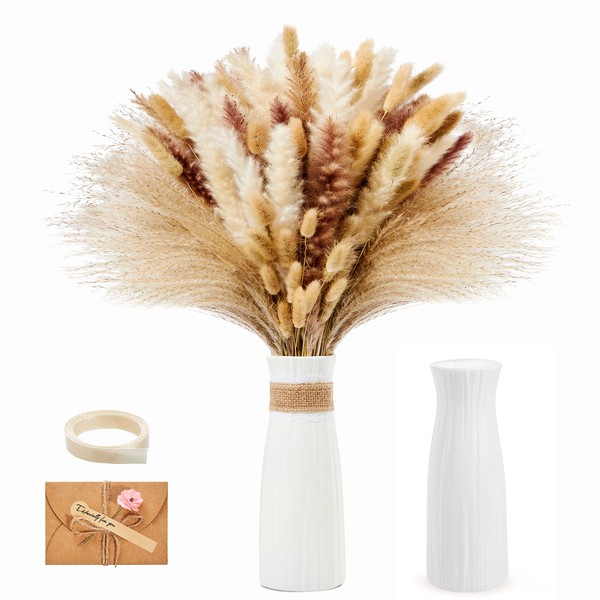 Guheake® Dried Pampas Grass with Vase, Pack of 39, 42 cm Pampas Grass Decoration, Natural Dried Flowers, Brown Boho Decoration for Wedding, Flower Arrangements, Home Decor