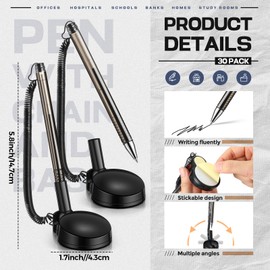 Dunzoom 30 Pack Secure Pen with Adhesive Chain and Holder Counter Pen with Chain and Base for Home Workplace Office School Supplies, Black