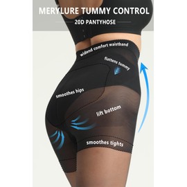 MERYLURE Tummy Control Pantyhose for Women, Control Top Black Tights 20D Sheer Shaping Nylon Support Stockings 2 Pairs