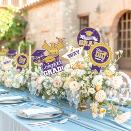 2025 Graduation Party Decorations - 24 Pcs Class of 2025 Congrats Grad Table Centerpieces Graduation Table Decorations Sticks Table Toppers for Graduation Party (Purple Gold)