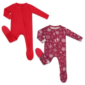 HAPIU Rayon from Bamboo Baby Footed Pajamas, 2 Way Zipper YKK, Footie for Baby Boy Girls, Newborn-24 Months, 2-Pack, Christmas & Molten Lava, 3-6 Months
