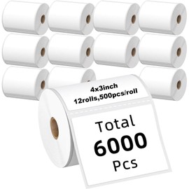 Kingtac (6,000 Labels/12 Rolls) 4" x 3" Direct Thermal Label (101mm x 76mm) Multipurpose Shipping Address Mailing Barcodes Stickers Compatible for Zebra 2844 & Rollo Desktop Label Printer
