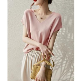 Ailiyumo Women's Summer Knit, Short Sleeve, Cut and Sewn, V Neck, Solid Color, Sweater, Loose, Thin, Stretch, French Sleeve, Slimming, Work, Spring, Autumn, Pink