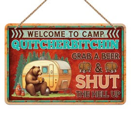 D4DREAM Welcome to Camp Quitcherbitchin Sign 12"x6",Hanging Plaque Camper Decor Funny Camping Sign for RV Outdoor Indoor Camper Van Welcome Wood Hanging Sign Plaque for Outdoor Porch Travel