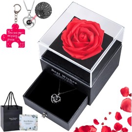 Preserved Red Real Rose with I Love You Necklace -Eternal Flowers Rose Gifts for Mom Wife Girlfriend Her on Anniversary Mothers Day Valentines Day Christmas Birthday Gifts for Women