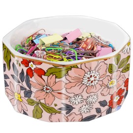LEAZUL Ceramic Paper Clip Holder Gold Line Paper Clip Dispenser Organizer for Desk Cute Floral Pattern Office Binder Clip Holder Bobby Pin and Hair Clip Holder Gift for Office Pink Flowers