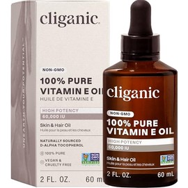 Cliganic Pure Vitamin E Oil, 59 ml - Pure Natural Face and Body Oil - Moisturizing Oil for Skin, Hair and Nails - 60,000 IU, Non-GMO Verified - Helps Reduce Signs of Aging, Improve Skin Texture