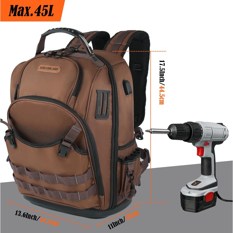WELKINLAND-70Pockets HVAC Backpack, Heavy-Duty Electrician Tool Backpack, Hard Bottom Tool