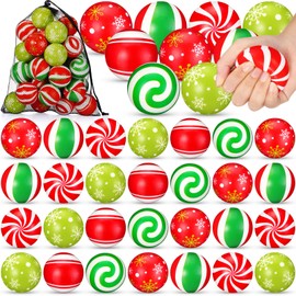 50 Pcs Mini Christmas Stress Balls Bulk 2.36 Inch Candy Cane Foam Balls Xmas Squeeze Toys Colorful Relief Ball with Mesh Drawstring Bag for Christmas Party Favors Stocking Goodie Bag Stuffers
