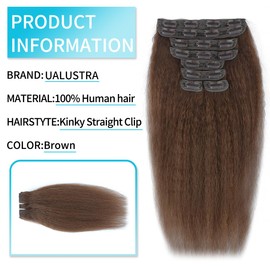 50.8 cm Brown Kinky Straight Clip-In Hair Extensions Seamless Clip-In Hair Extensions Real Human Hair Yaki Straight Real Human Hair Clip-In Extensions for Black Women Natural Black 8 Pieces 100 g 20