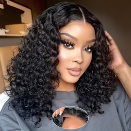 RMOARIWR Bob Wig Human Hair 180% Density 4x4 HD Transparent Lace Front Wigs Human Hair Pre Plucked Short Bob Glueless Water Wave Wigs Human Hair for Women Natural Black 14 Inch