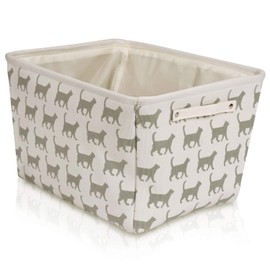 Canvas Storage Basket Rectangular with Handles 7.5''x16''x12.25'', Household Storage For Blankets, Towels, Toys - White with Gray Cat Print