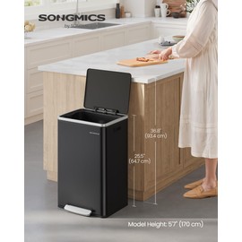SONGMICS Trash Can, 13-Gallon Gabbage Can, with 15 Trash Bags, Steel, with Soft-Close Lid, Removable Inner Bucket, Handles, Ink Black ULTB595B01V1