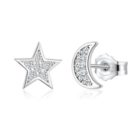 Deyanse Silver Stud Earrings for Women, 925 Sterling Silver Star Moon Heart Stud Earrings, Hypoallergenic Flat Stud Earrings with Zirconia, Small 8 mm Sleeping Cartilage Stud Earrings with Gift Box,
