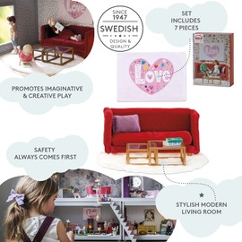 LUNDBY Dollhouse Furniture Living Room Sets – Doll House Accessories – 7-pieces for Mini Dolls 11 cm – Ages 3+, Scale 1:18