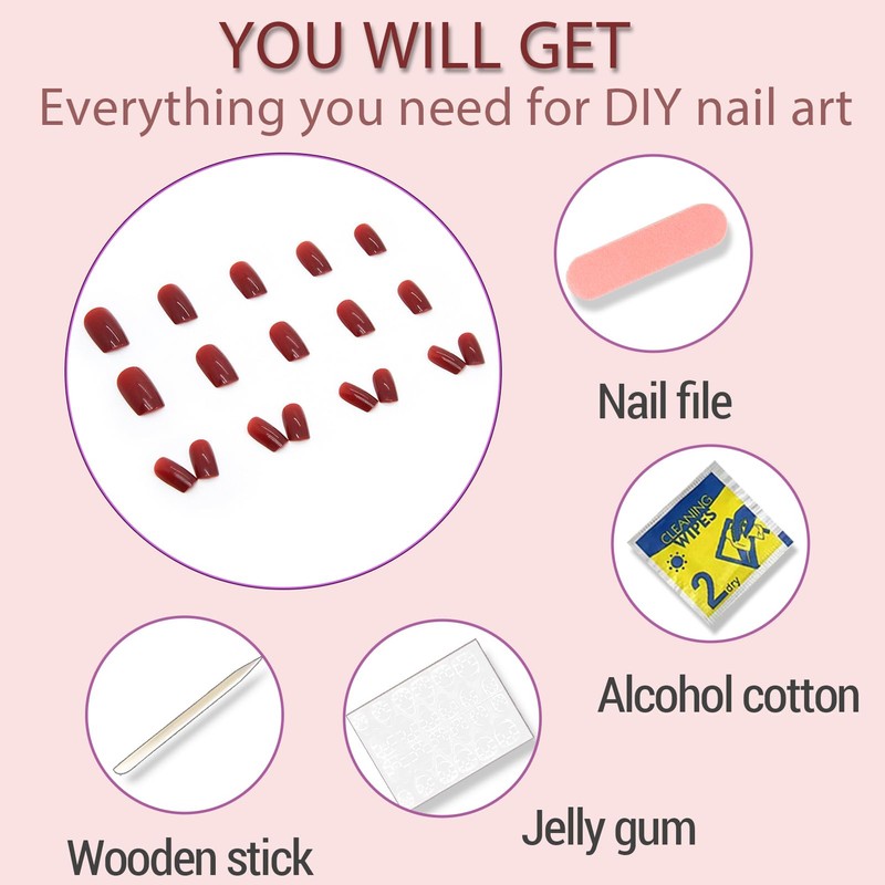 Red Press on Nails Medium,Nails Press on Solid Colour Square