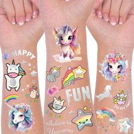 83+ PCS Groovy Silver Metallic Unicorn Temporary Tattoos For Kids Girls Boys, Glitter Flash Fake Tattoo Stickers Child, Rainbow Star Cute Cartoon Tattoos Pony Horse Party Supplies Goodie Bags Stuffers